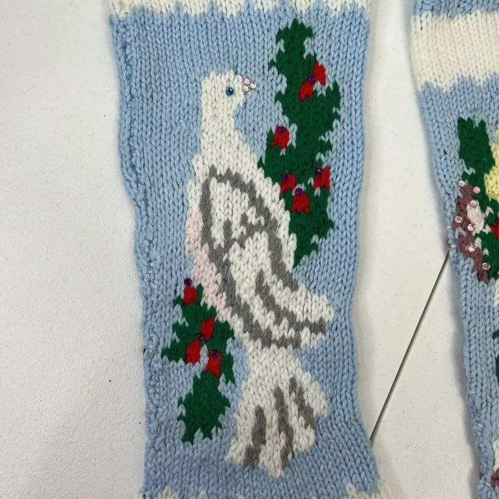 Knitted‎ Christmas Stocking Angel Bird Dove Blue Rustic Farmhouse Holiday Decor